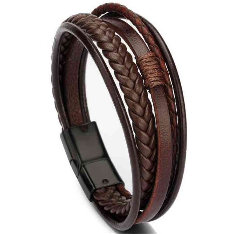 Trendy Genuine Leather Men Stainless Steel Multilayer Braided Rope Bracelets