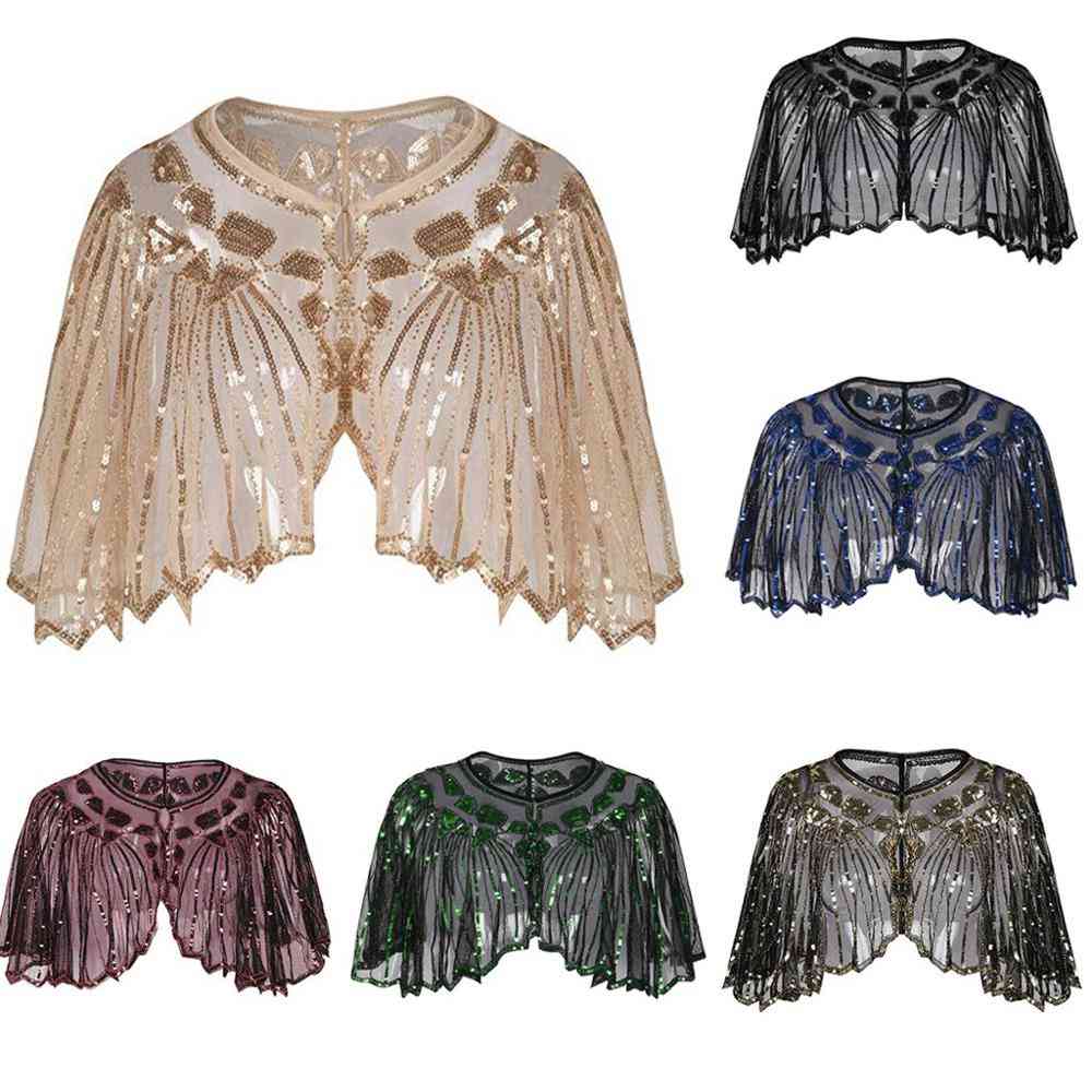 Vintage Flapper Shawl, Sequin Beaded Short Cape Mesh Cover Up Dress