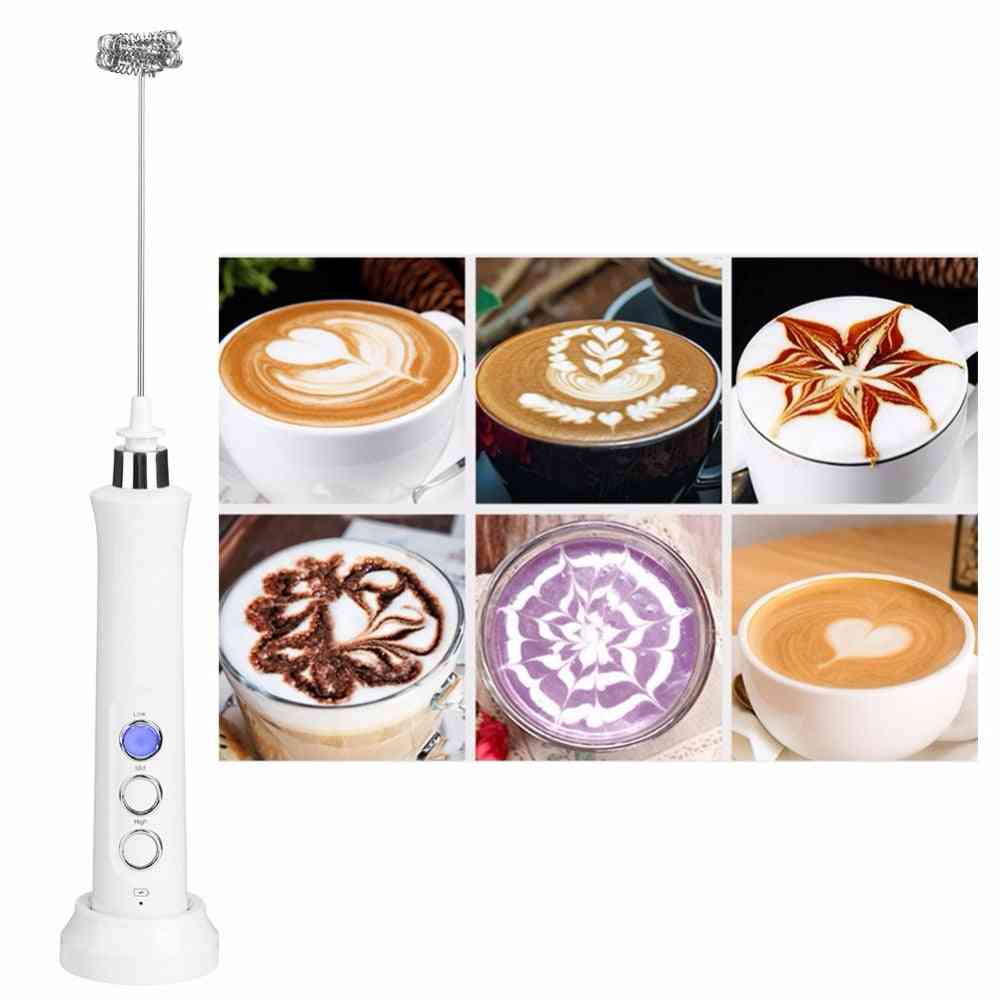 Milk Frother Cappuccino, Coffee, Foamer Whisk Latte, Electric Food Blender, Rechargeable With Stand