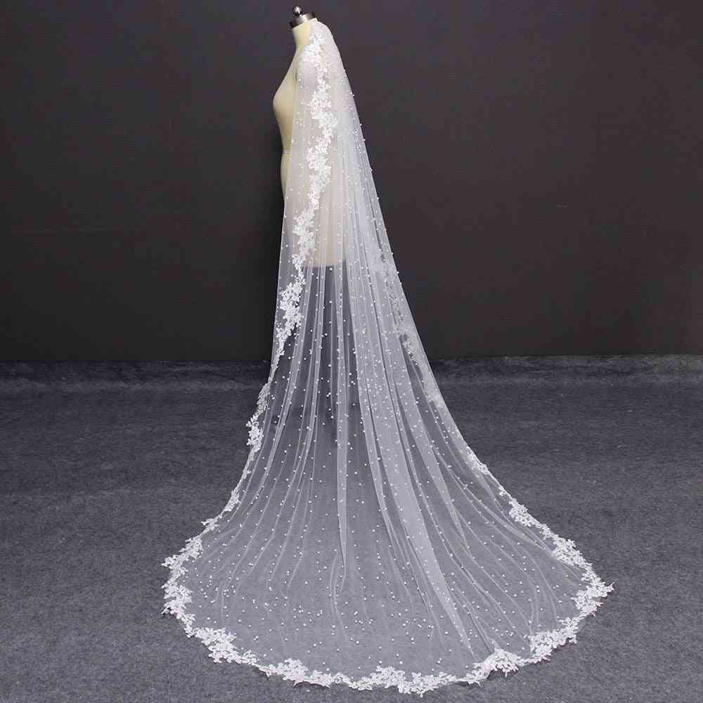 Pearls Lace, Appliques Edge, Long Veil With Comb Dress