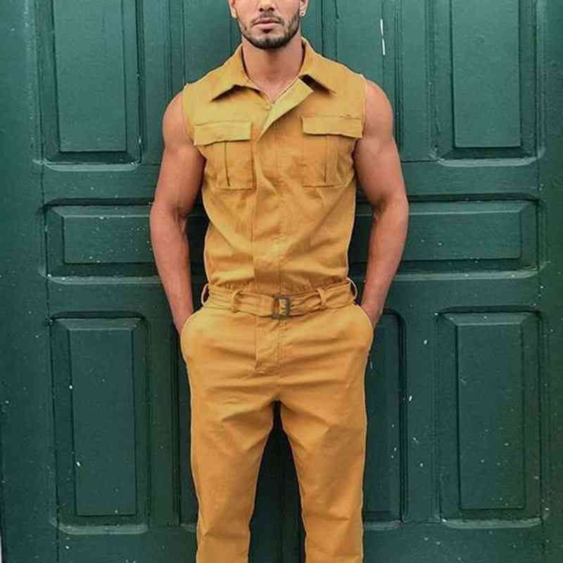 Men Cargo Overalls Lapel Sleeveless Jumpsuit, Joggers Solid Pants With Belt, Pockets, Streetwear, Casual Romper