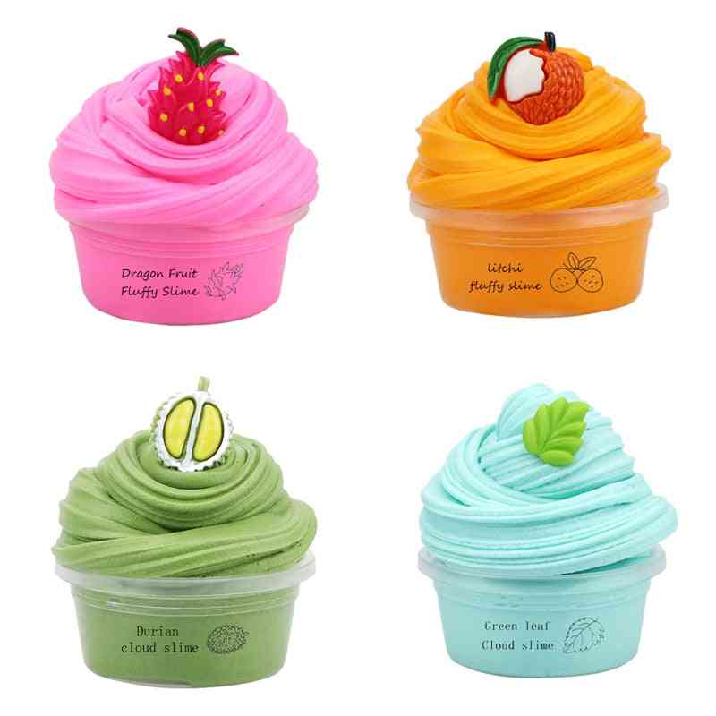 Fluffy Slime, Pure Color Clay With Fruit Charm, Litchi Durian, Dragon Fruit Stretched Toy