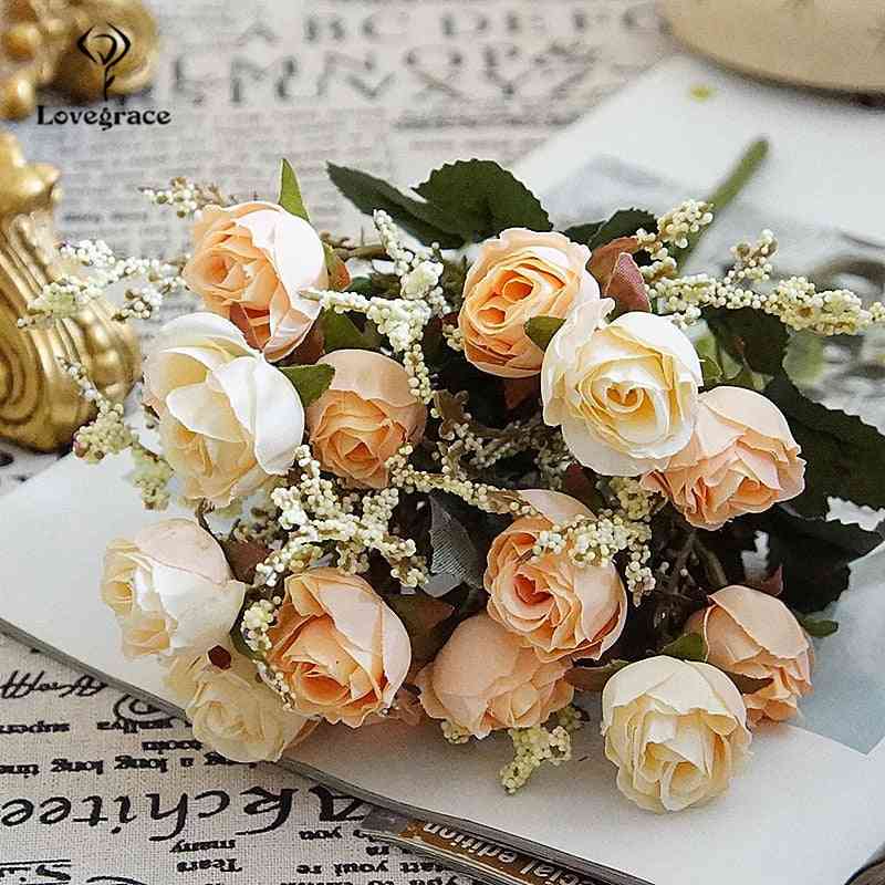 15 capete- flori artificiale, flanelă mică, mătase de trandafir, buchet de mireasă
