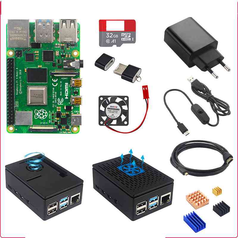 Carte de kit pi 4 modèle b 2/4 go, adaptateur secteur, boîtier, carte sd 32/64 go, câble HDMI et dissipateur thermique
