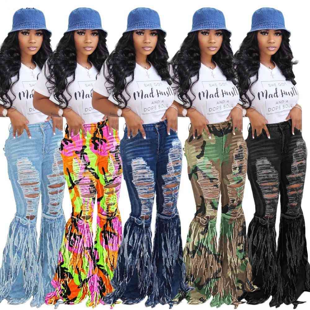 Hole Hollow Out Denim Pants, Women Retro Solid Jeans Ripped Flare
