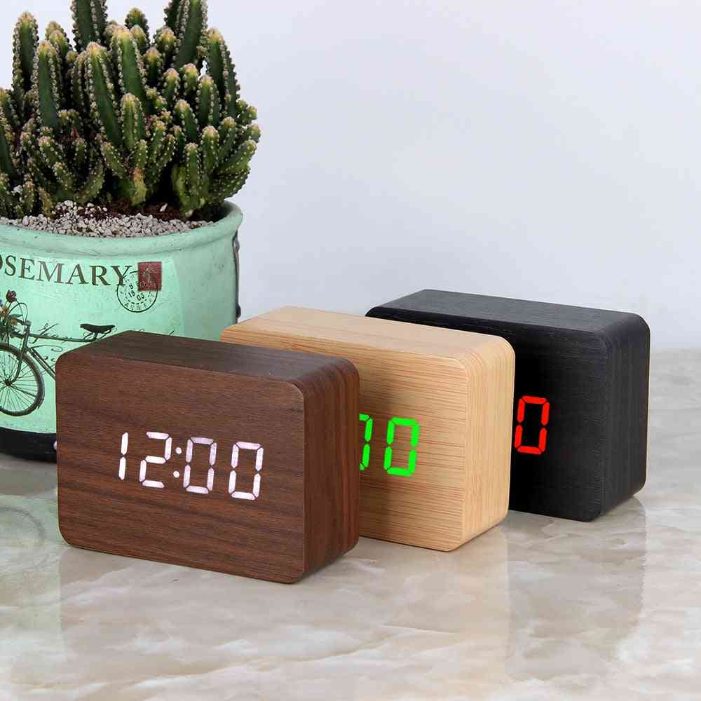 Led Wooden Digital Alarm, Desktop, Table Clocks - Electronic Voice Control, Temperature Display