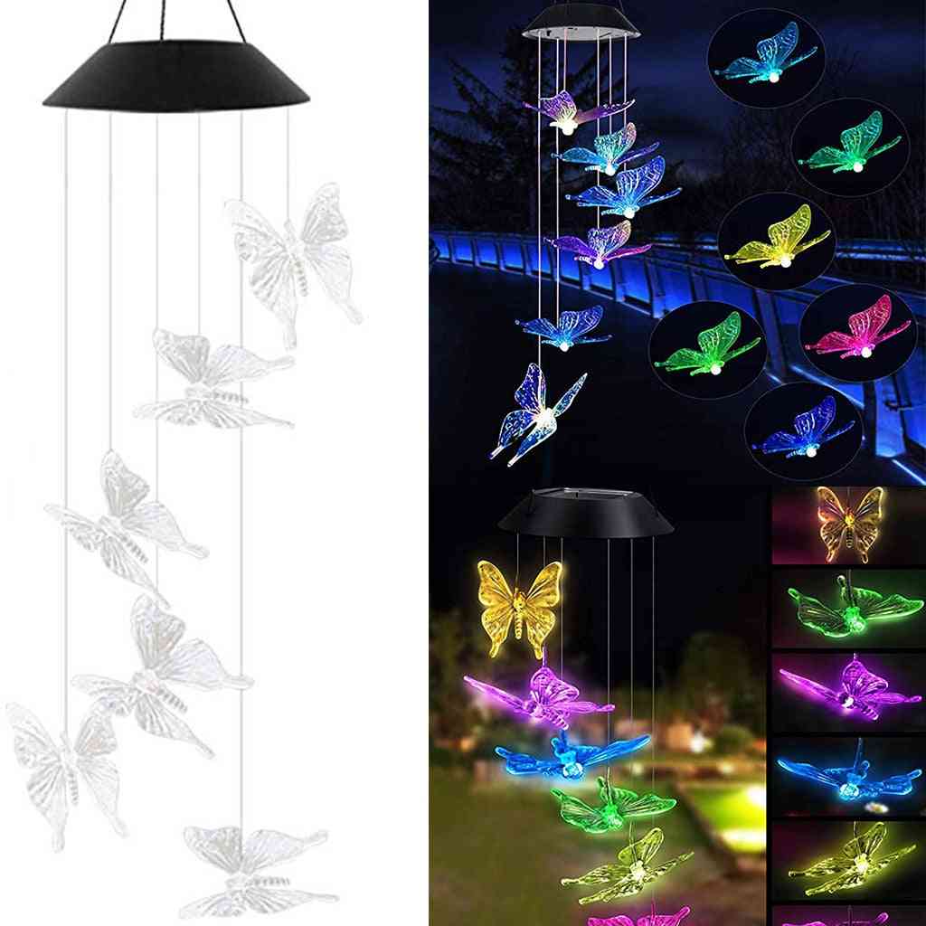 Led Solar Powered Butterfly Wind Chimes Light - Home Garden Hanging Lamp