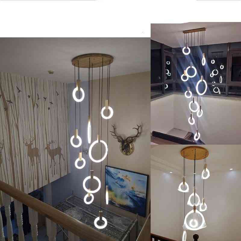 LED moderno, teto de madeira, anel de acrílico e escadas de luminárias, luminárias suspensas