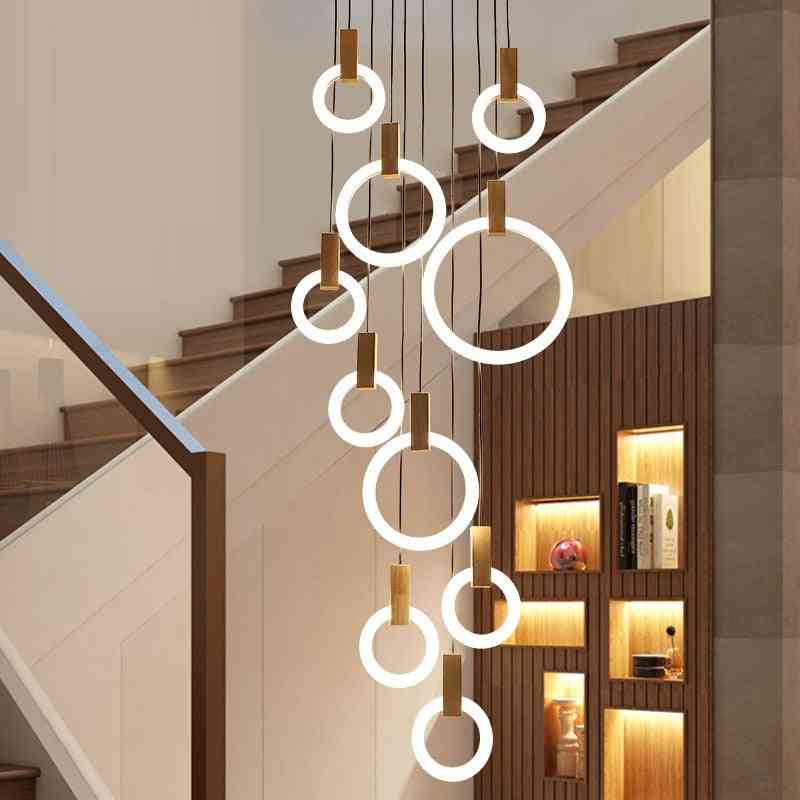LED moderno, teto de madeira, anel de acrílico e escadas de luminárias, luminárias suspensas