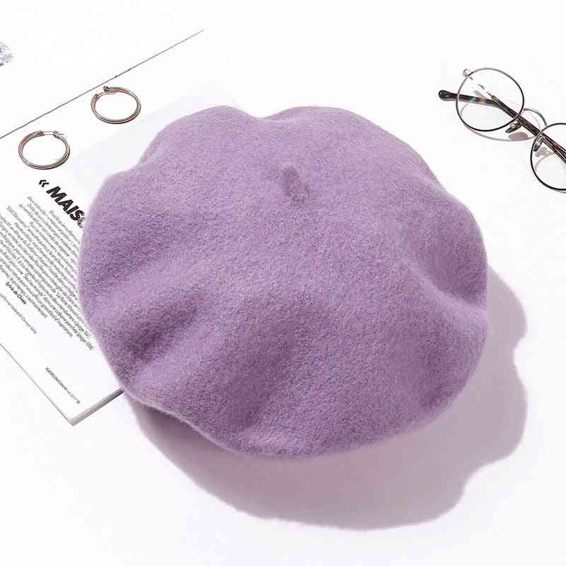 British Style Wool Beret, Solid Color Slouchy, Winter Hats