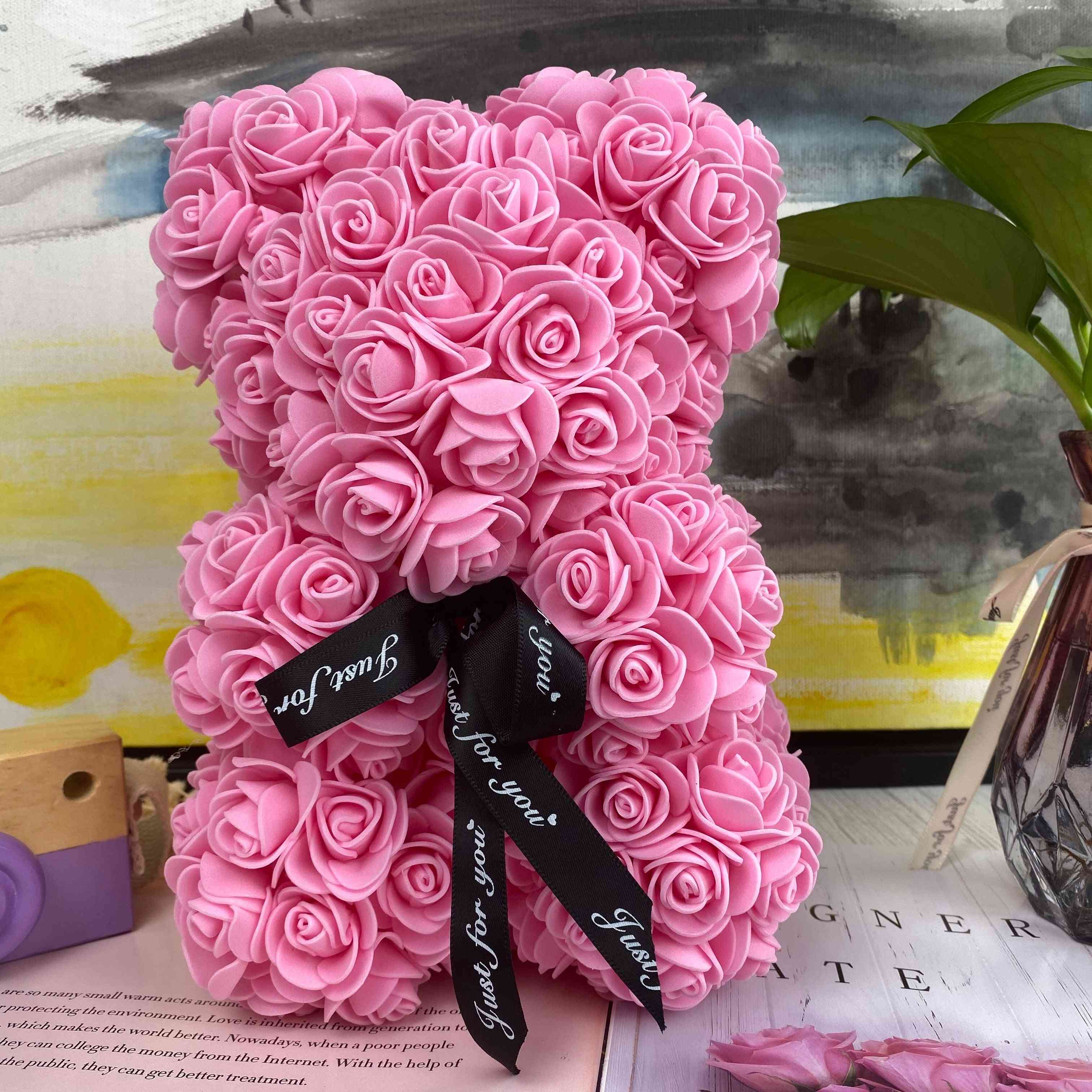 Artificial Rose Flower Teddy Bear For Christmas Decoration, Valentines