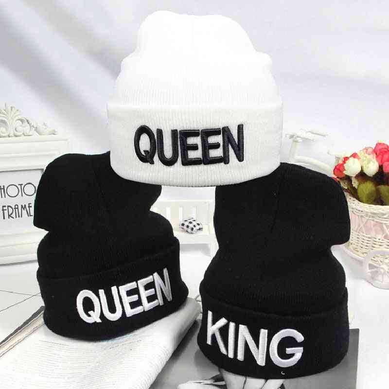 Beanies King Queen Letter Embroidery Warm Hat, Knitted Cap