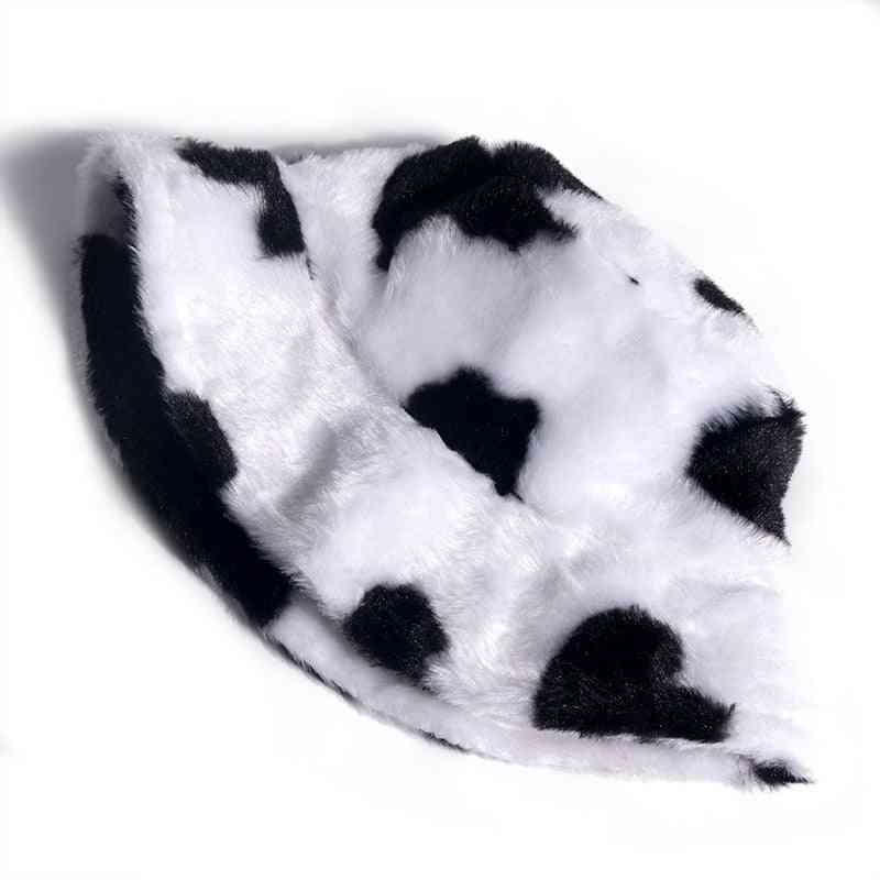 Faux Fur Cow Print Bucket Hats, Women Winter Panama Fisherman Caps
