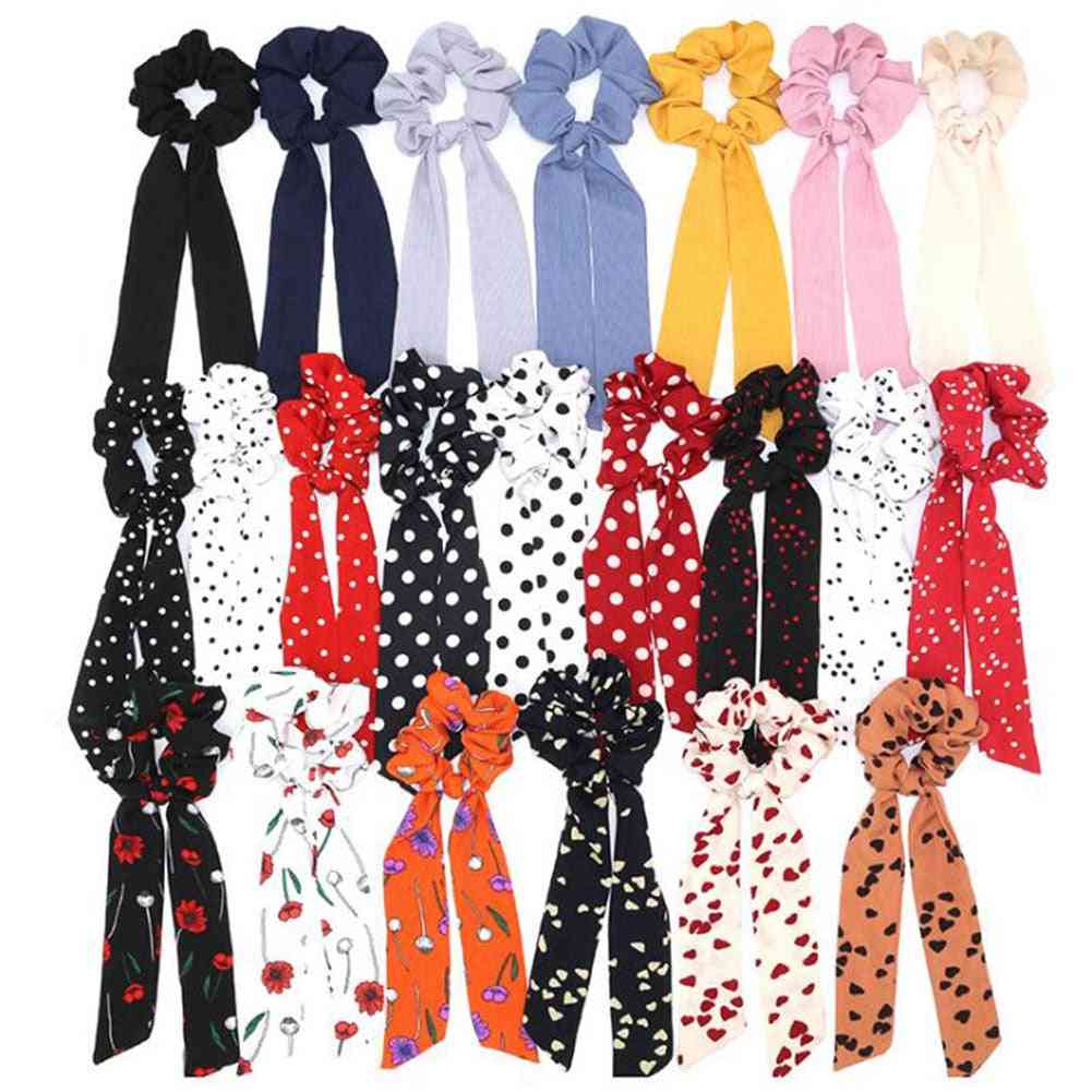 Polka Dot/floral Printed Ribbon Bow, Scrunchies Women Elastic Hair Band