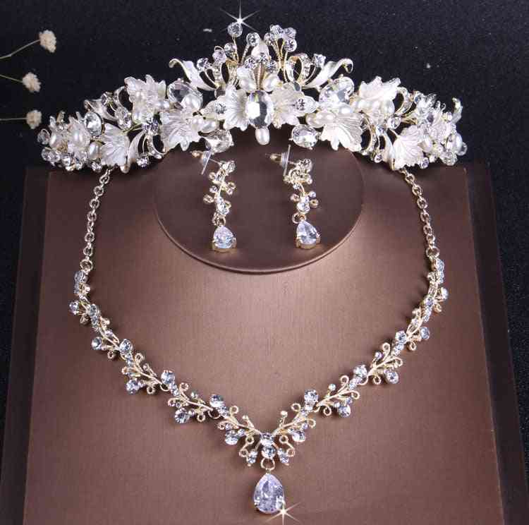 Vintage Crystal Leaf Pearl Costume Jewelry Sets, Rhinestone, Choker Necklace, Earrings, Crown,