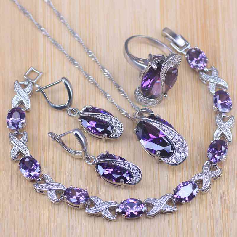 Ensembles de bijoux, fête de mariage, boucles d'oreilles en cristal violet, bracelet, bagues, collier, pendentif