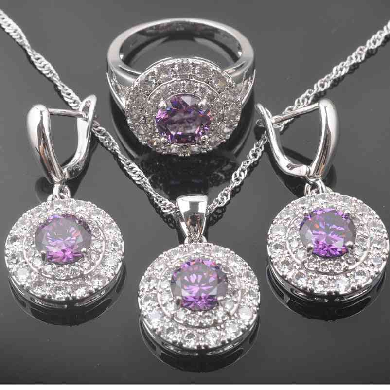 Russian Style Jewelry Sets, Natural Purple Crystals, Pendants Necklace, Earring, Ring, Bracelet