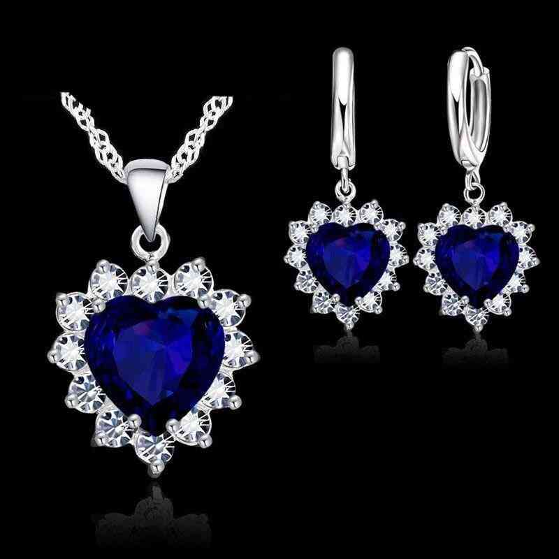 Trendy 925 Sterling Silver Jewelry Set, Heart Stone Charm Pendants Necklaces, Earrings
