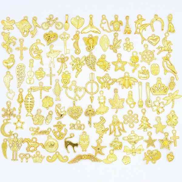 100pcs Mixed Styles- Animal/leaf/heart/key Crown- Charms Pendants Diy Jewelry