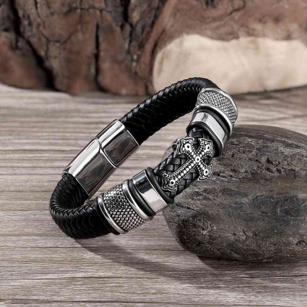 Multi-layer Stainless Steel, Leather Chain Weaved, Magnet Clasp, Wristband Bracelets