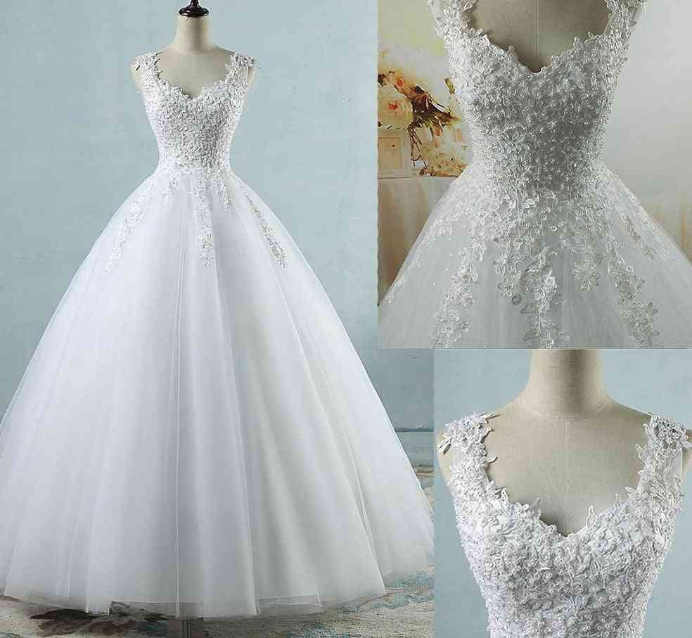 Ball Gowns Spaghetti Straps Tulle Dresses, Pearls Bridal Dress