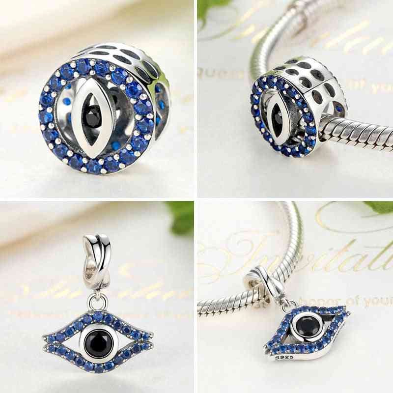 925 Sterling Silver Blue Crystals Eyes Round Bead Charms Bracelet Jewelry