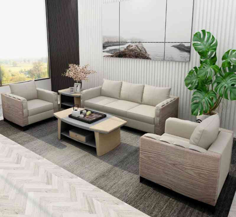 Elegant moderne læder siddepladser stor sofa, træ sofabord til kontor, hjem