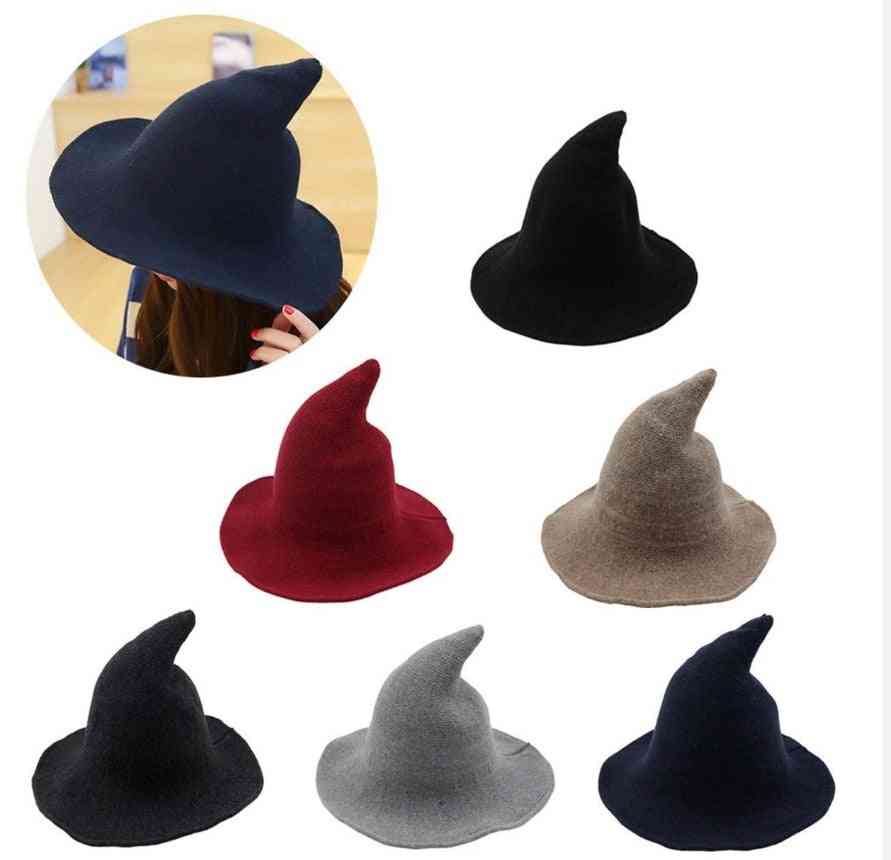 Autumn Winter- Halloween Witch Hat, Knitted Wool Fisherman, Pointed Woolen Cap