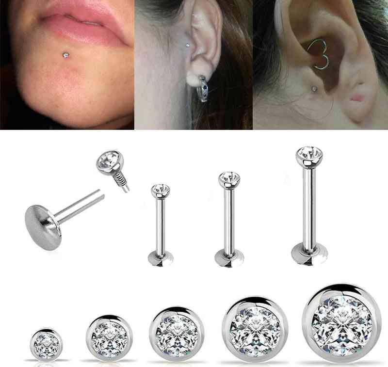 Labret in acciaio inossidabile con zircone, piercing al labbro, trago dell'orecchio cartilagineo, orecchino a bottone