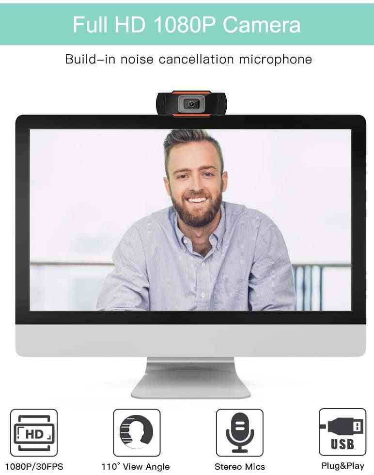 Full hd, innebygd mikrofon, usb-kontakt, webkamera for datamaskin, mac, laptop