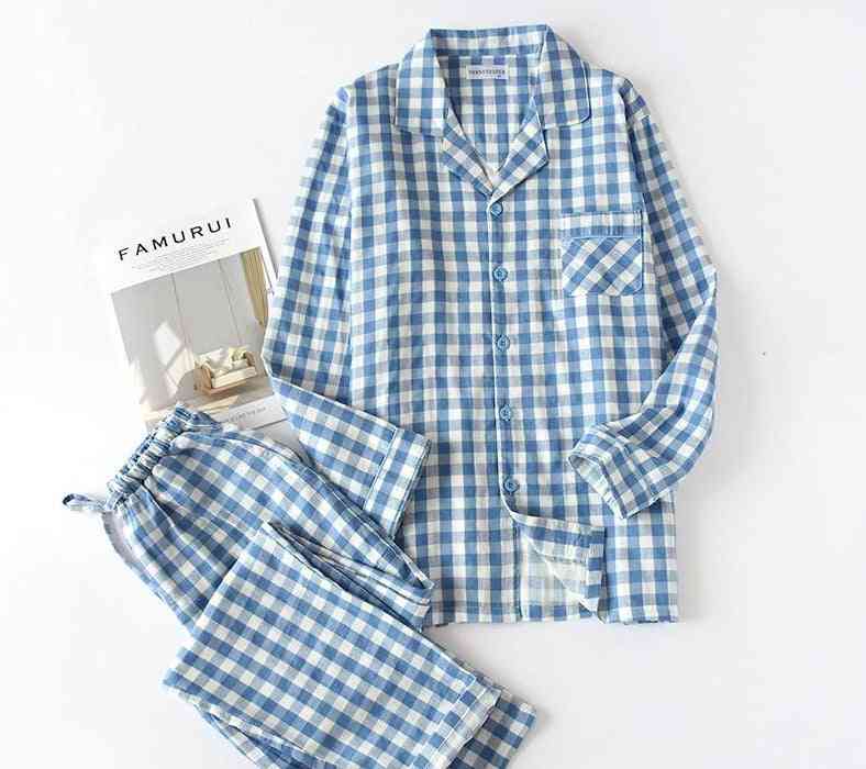 Men And Women Long Sleeves Pajamas Plaid Leisure Shirt Sleepwear Set