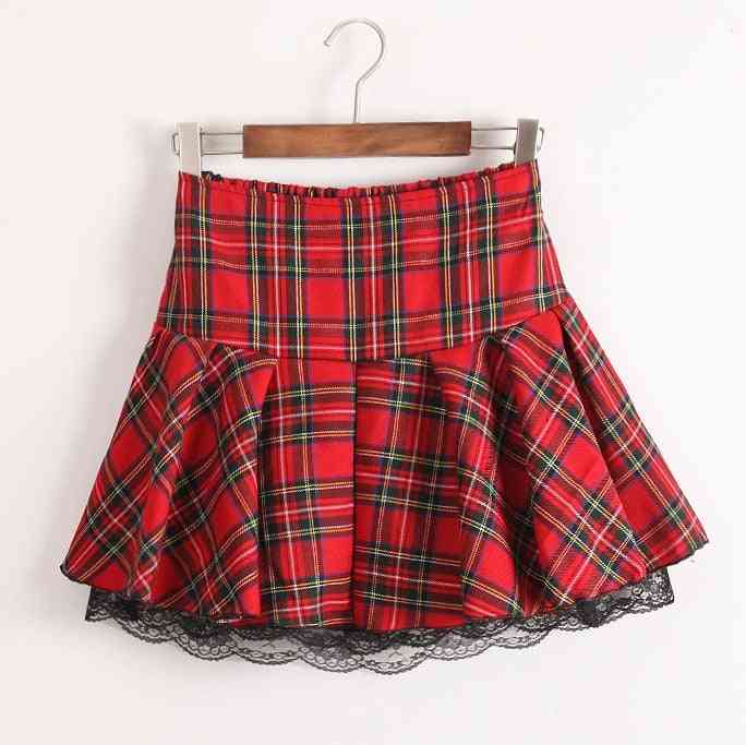 Preppy Style Uniform Skirt, Lace Hem With Lining Elastic Waist Bottoms For
