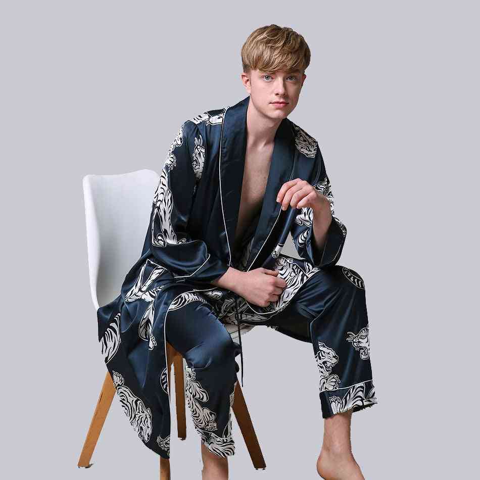 Silky Long Sleeve Robe And Long Pants Bathrobe Set For Men
