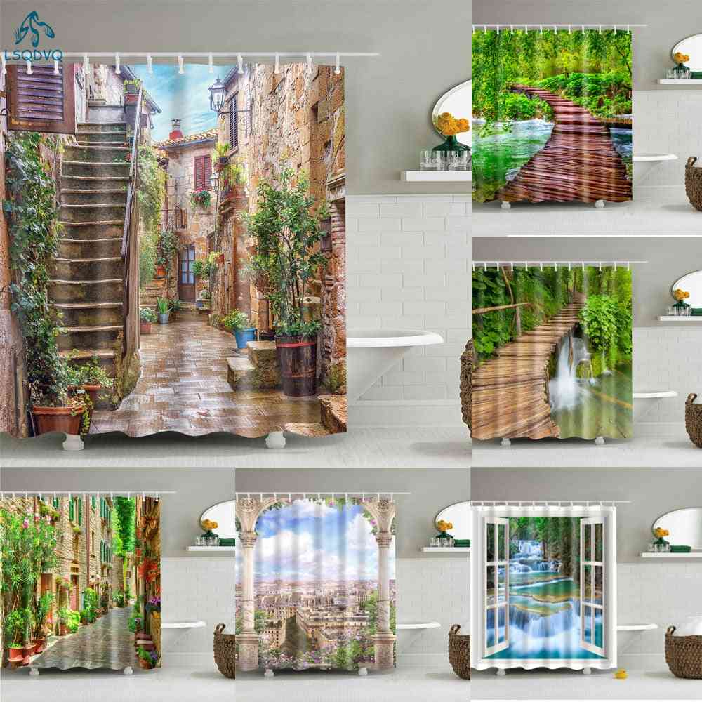 Garden Flower Plant, Creek Shower, Bathroom Curtains With Hooks Set-2