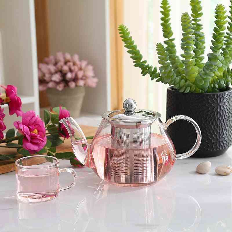 Stainless Steel- Glass Teapot With Infuser Strainer, Heat Resistant, Loose Leaf Kettle Set