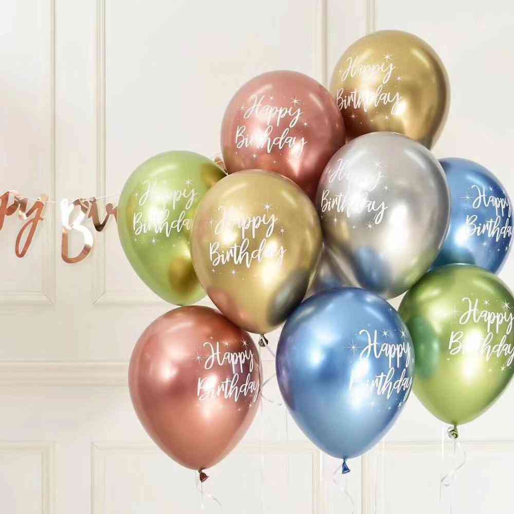 12inch Chrome Metallic Latex Balloons, Happy Birthday Printed Pattern - Party Decorations