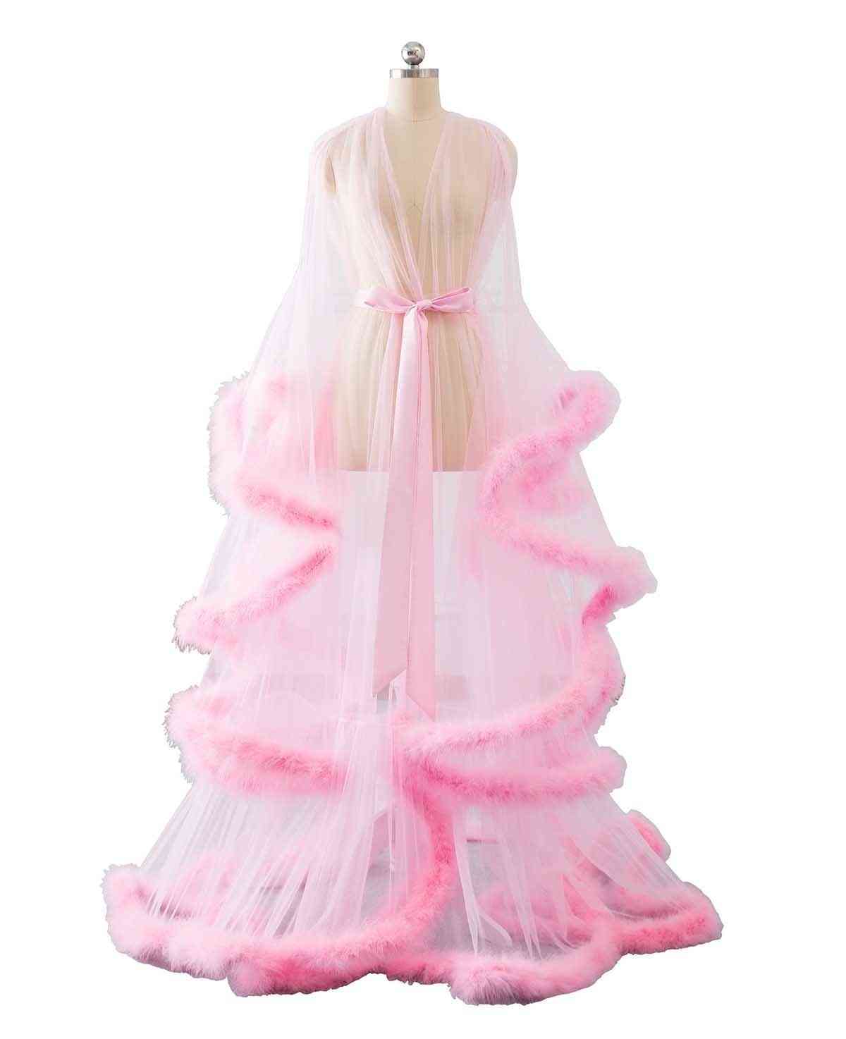Bridal Boudoir, Feather Trim Sheer, Tulle Illusion, Long Robe Dress Set-3