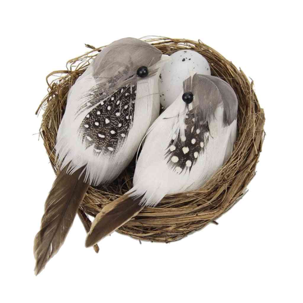 1 Set- Realistic Feathered Birds With Nest & Birds Egg, Artificial Craft Ornament