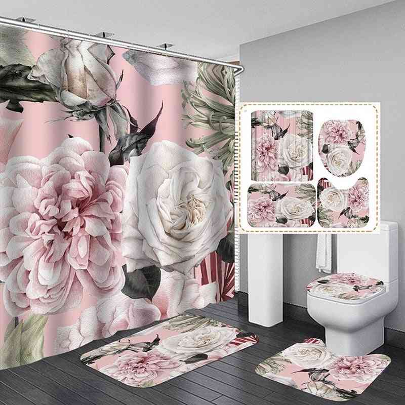 Big Flower Shower Mat Set With Carpet, Bath Screen Durable Curtains Hooks