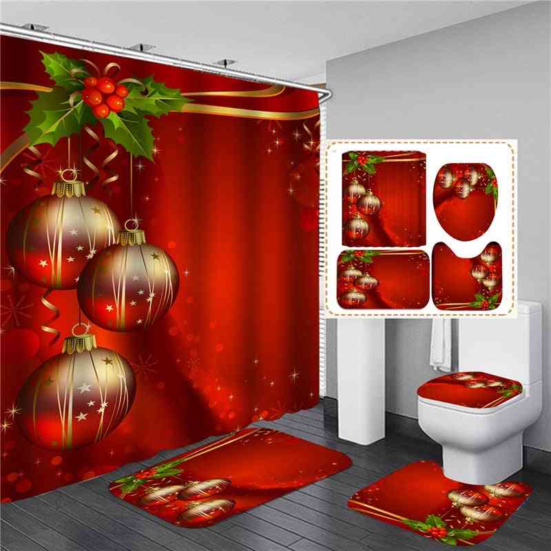 Christmas Trees Printed Shower Curtains With Anti-slip Mat, Toilet Partition For Bathroom 3d Festival Decor