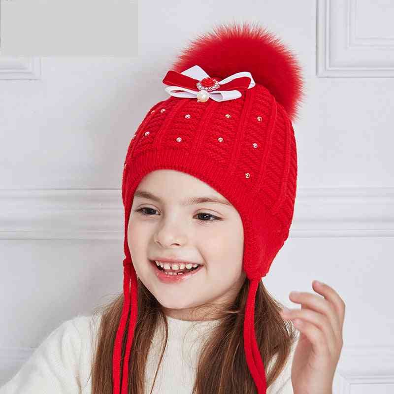 Bow-knot Knitted Baby Hat, Girl Rhinestones Pearl Winter Hats