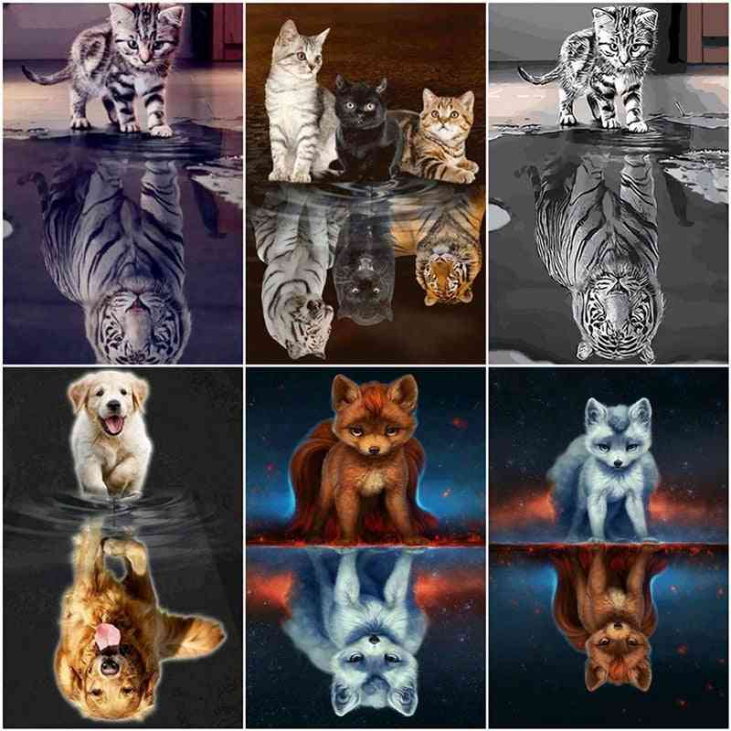 5d- Diamond Painting- Cat & Tiger, Full Square Round, Mosaic Animals Pictures