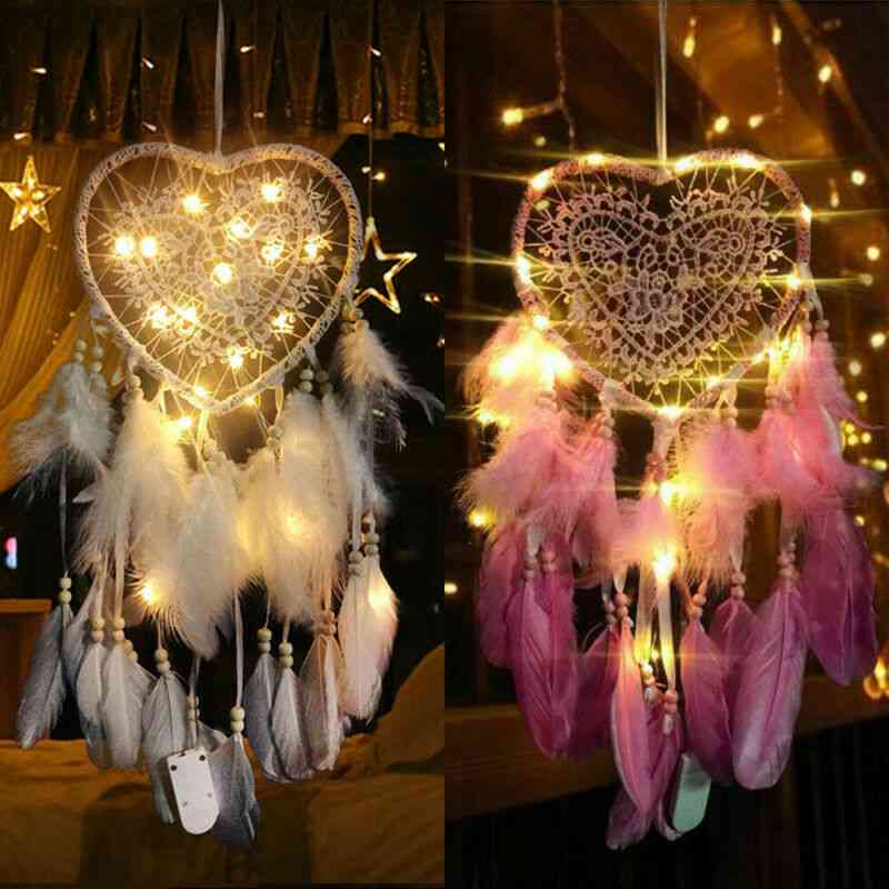 Fancy Dream Catcher With Led String, Hollow Hoop Pendant, Feathers Night Light