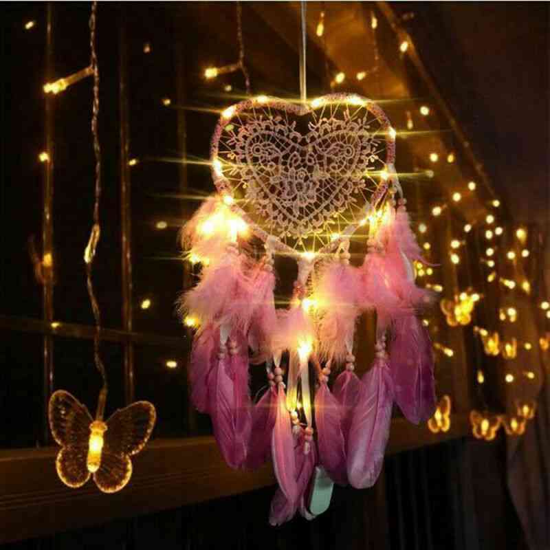 Fancy Dream Catcher With Led String, Hollow Hoop Pendant, Feathers Night Light