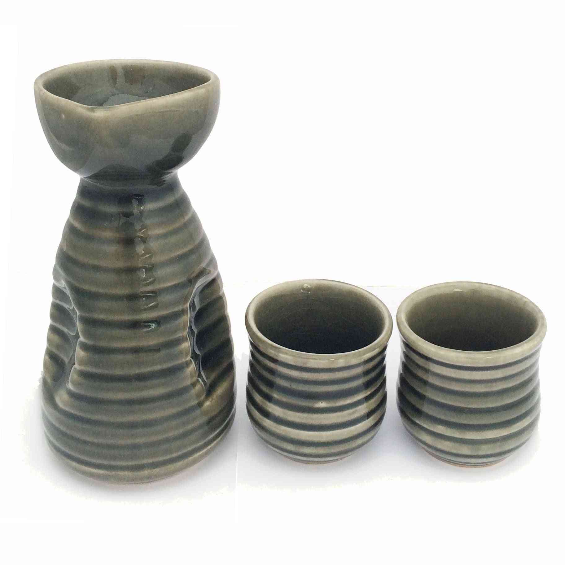 Handmade Green Sake Set With 2 Cups