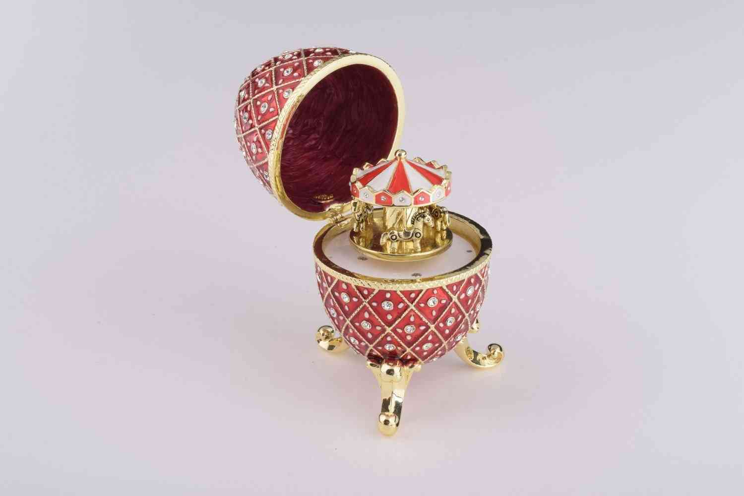 Red Faberge Egg With Horse Carousel Surprise Inside -  Trinket Box