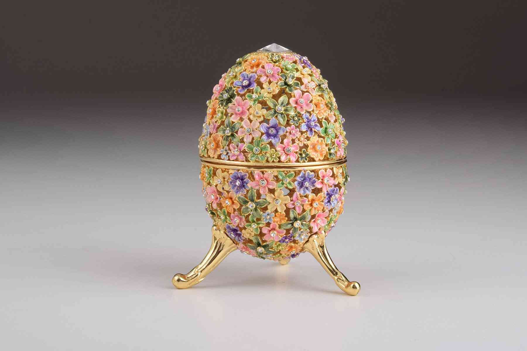 Gold With Colorful Flowers Easter Egg - Trinket Box