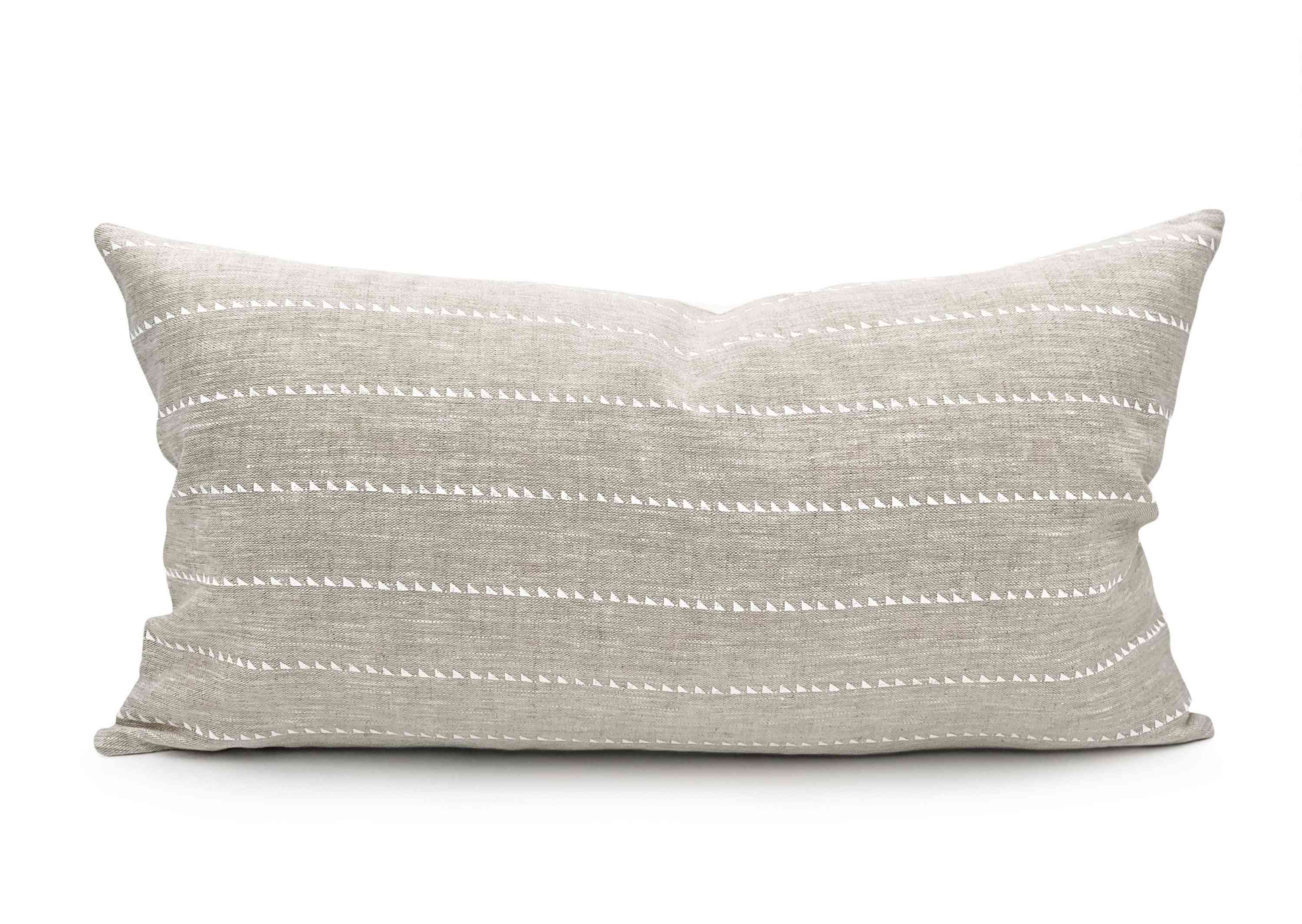 White Stripe On Natural Linen Lumbar Throw Pillow
