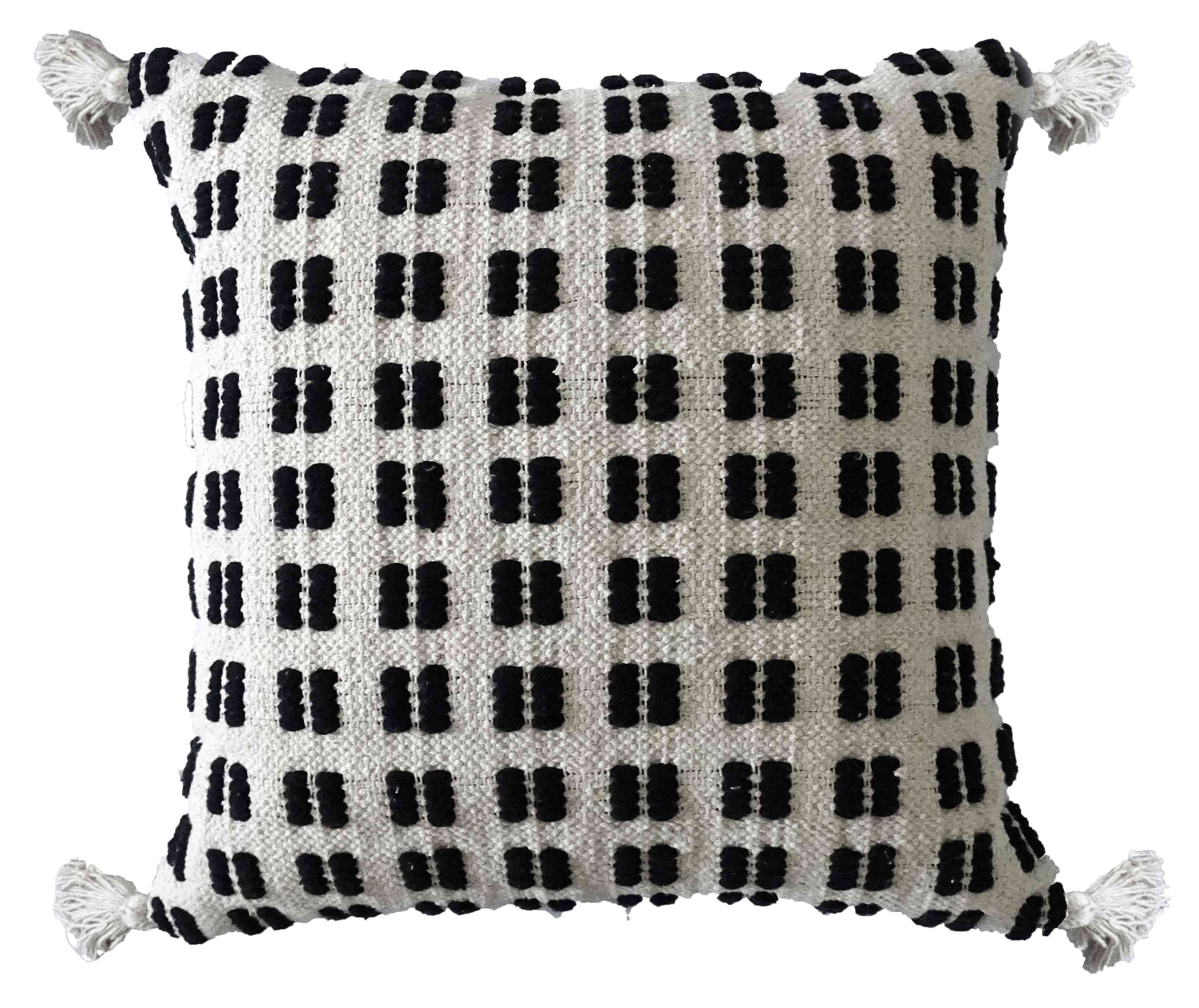 Black & Beige Check Throw Pillow With Corner Fringes