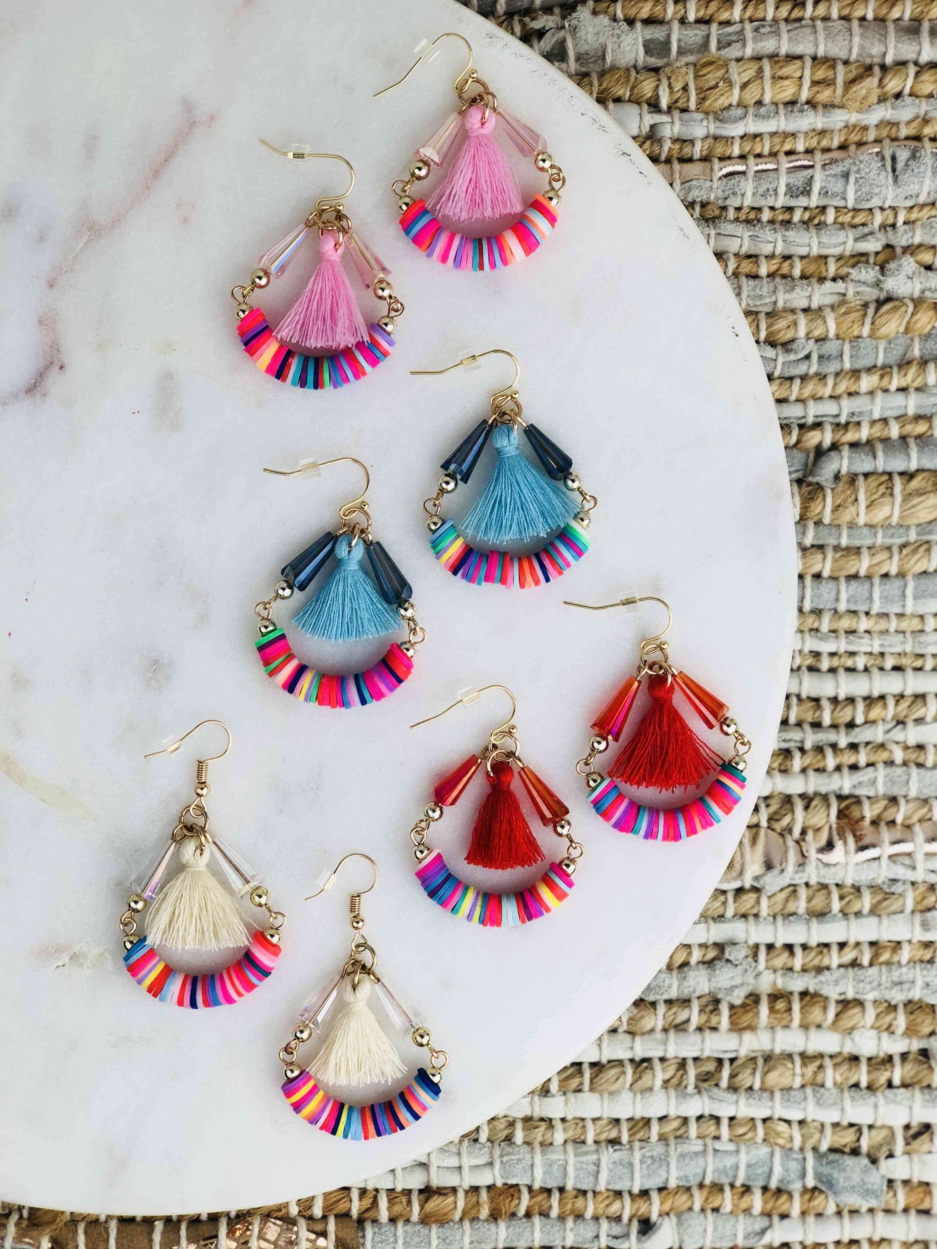 Rainbow Beads With Cotton Yarn Tassel Hoop Earrings